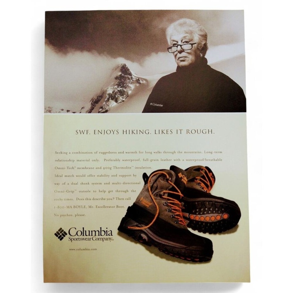 2001 Columbia Print Ad Hiking Boots Grandma Y2K Rugged SWF Hiking Likes It Rough
